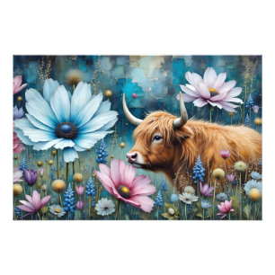 Foto Highland Cow Floral Colorida Cosmos Tapeçaria II