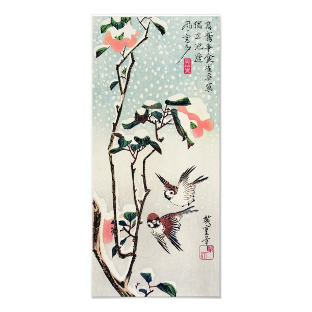 Foto Hiroshige Sparrows e Camellias na Impressão de Nev (Frente)