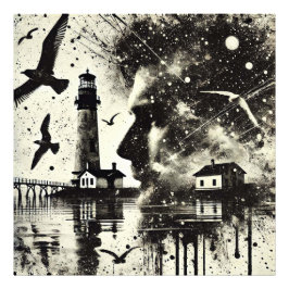 Foto Homem de dupla exposição com farol e gaivota