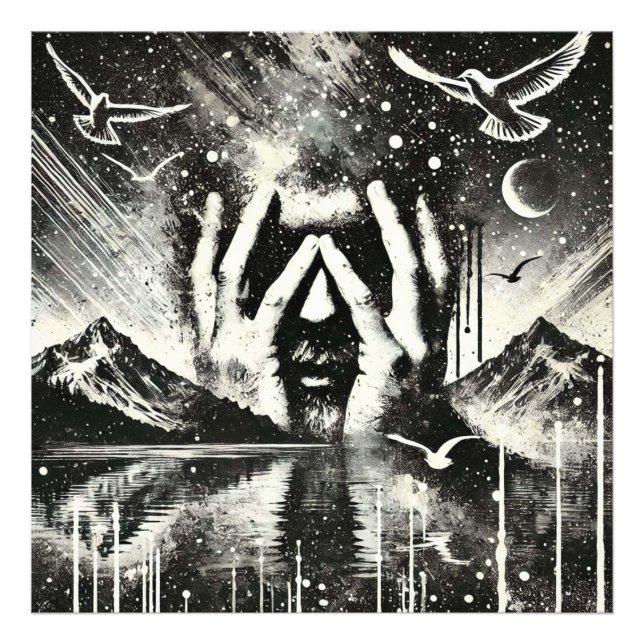 Foto Homem segurando sua cabeça em suas palmas, preto e (Frente)