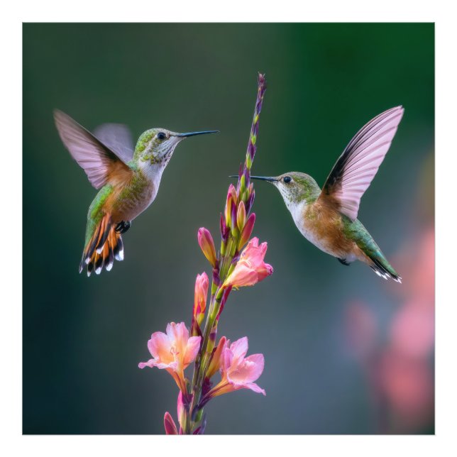 Foto Hummingbirds Gladiolus Flowers Iridescent Pair (Frente)