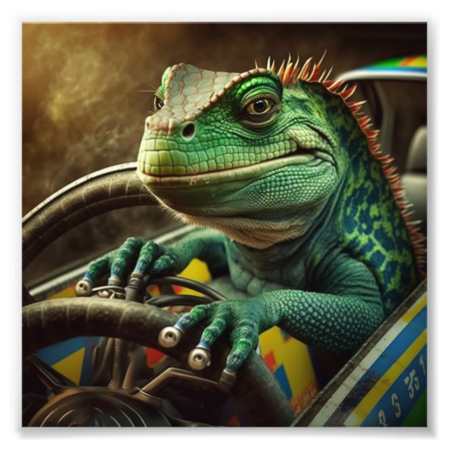 Foto Iguana dirigindo carro de corrida (Frente)