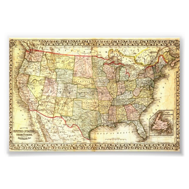Foto Ilustração Antiga do Mapa dos Estados Unidos (Frente)