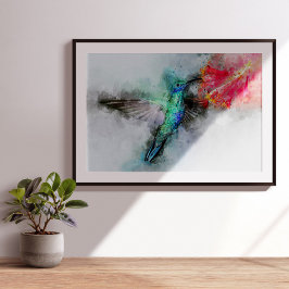 Foto Impressão de Arte Floral em Aquarela de Beija-flor