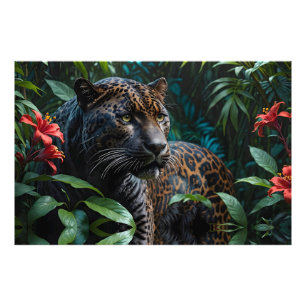 Foto Jaguar melanístico nas flores vermelhas da selva