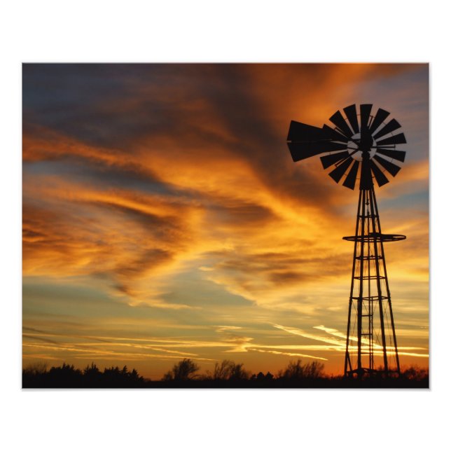 Foto Kansas Windmill Sunset, Nuvens Fotografa Alargamen (Frente)