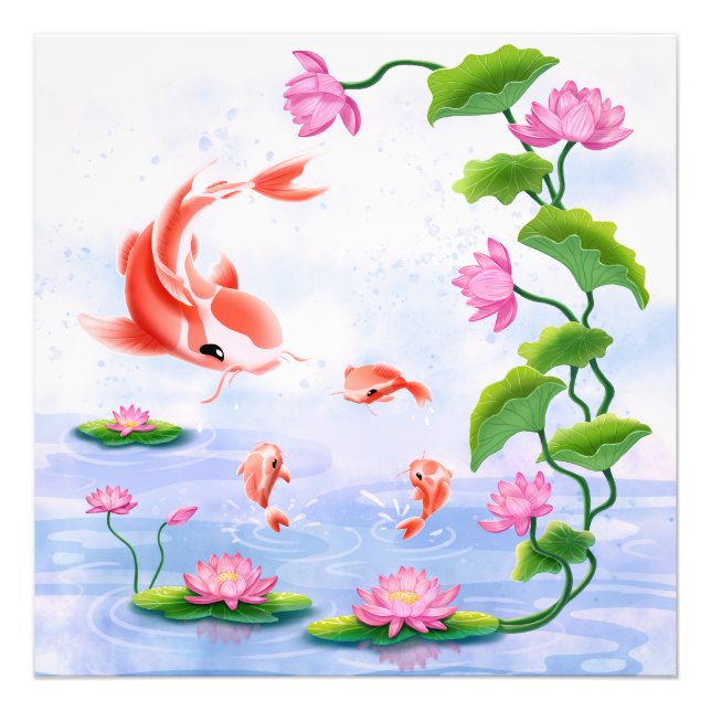 Foto Kawaii Koi Fish Pink Water Lily Pond (Frente)