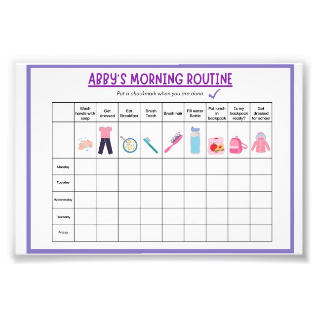 Foto Kids Morning Routine Checklist with Cute Icons (Frente)