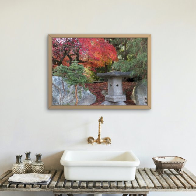 Foto Lanterna do Jardim Japonês e Folhas de outono (In Situ Framed)