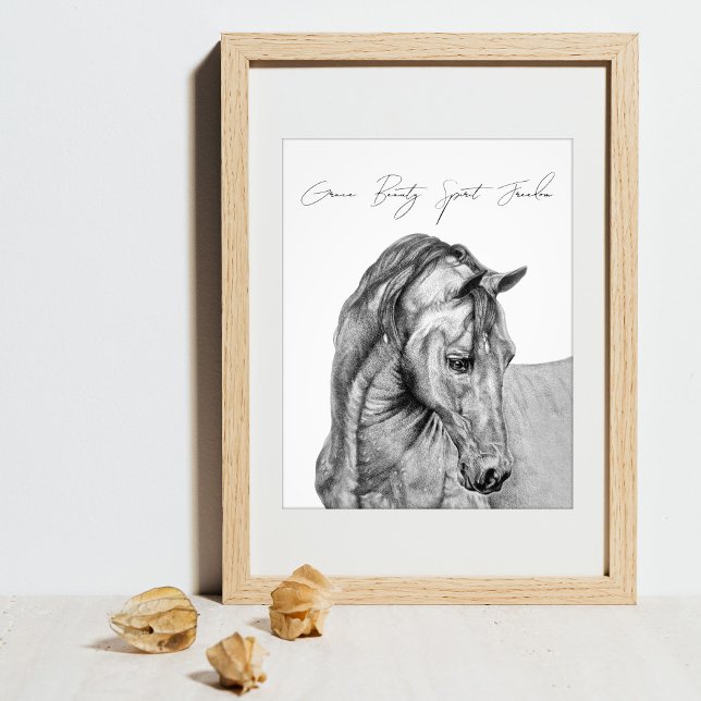 Foto Lápis gráfico de arte em cavalos desenhando preto  (Original horse pencil drawing, graphit pencil horse art print with personalized quote.)