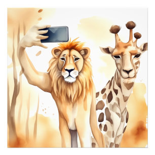 Foto Leão tomando selfie com girafa