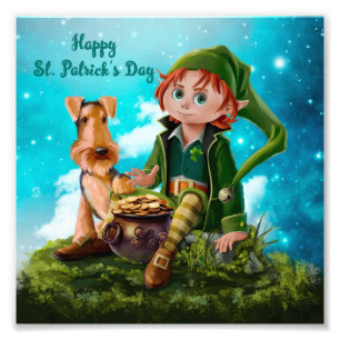 Foto Leprechaun boy, Irish Terrier e pote de ouro