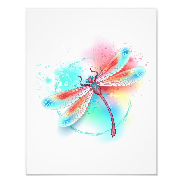 Foto libélula vermelha sobre fundo de aquarela (Frente)