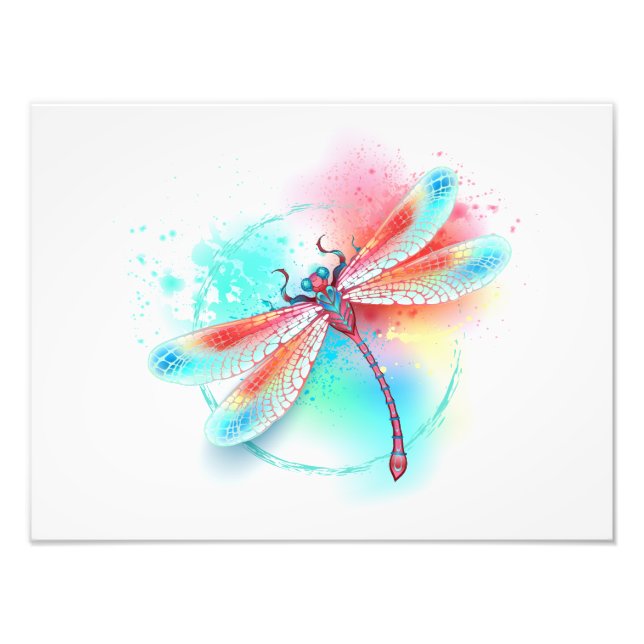 Foto libélula vermelha sobre fundo de aquarela (Frente)