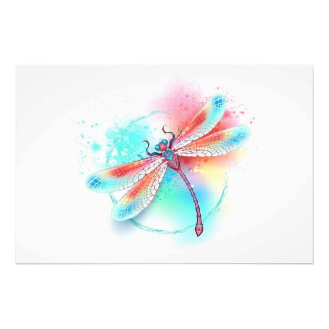 Foto libélula vermelha sobre fundo de aquarela (Frente)