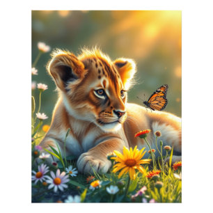 Foto Lion Cub no nascer do sol com uma borboleta