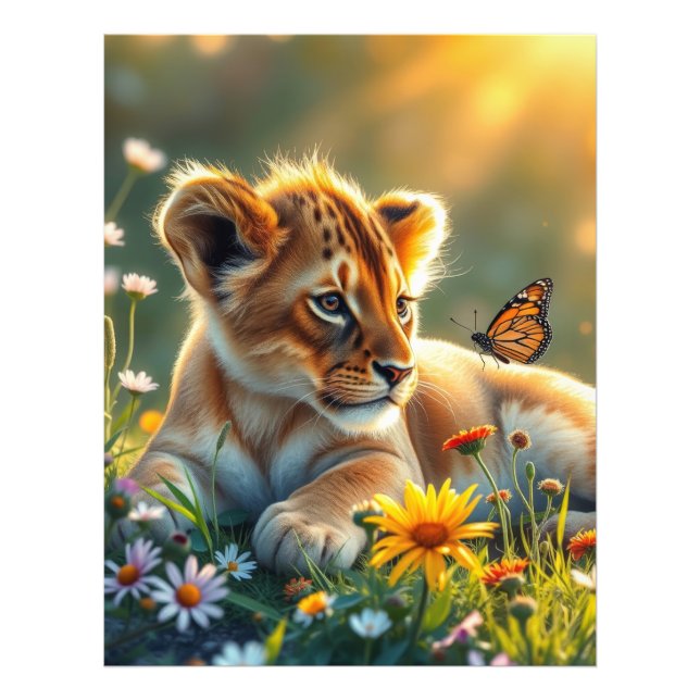 Foto Lion Cub no nascer do sol com uma borboleta (Frente)