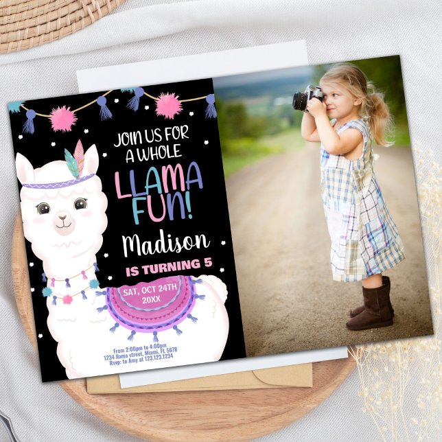 Foto: Llama Diversão Llama Convites de Aniversário (Photo Pink Llama Fun Llama Birthday Invitations)