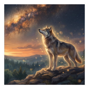 Foto Lobo Solitário Sob o Céu Estrelado da Via Láctea