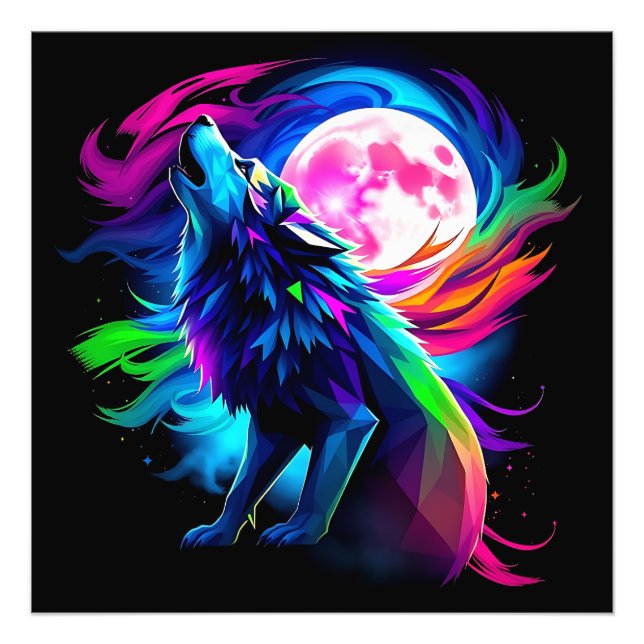 Foto Lobo Uivando Neon com Lua Cheia – Rai Psicodélico (Frente)