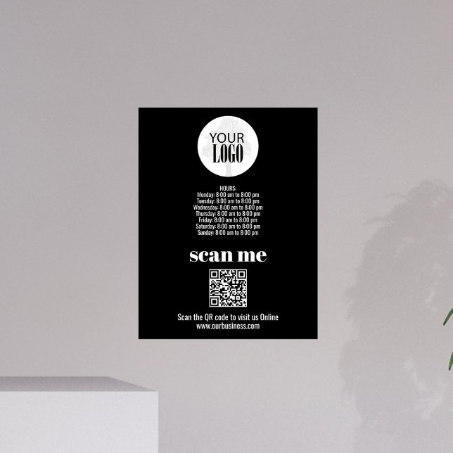 Foto Logotipo comercial simples Código QR preto e branc (Simple black and white business sign with hours template, logo, and QR Code. )