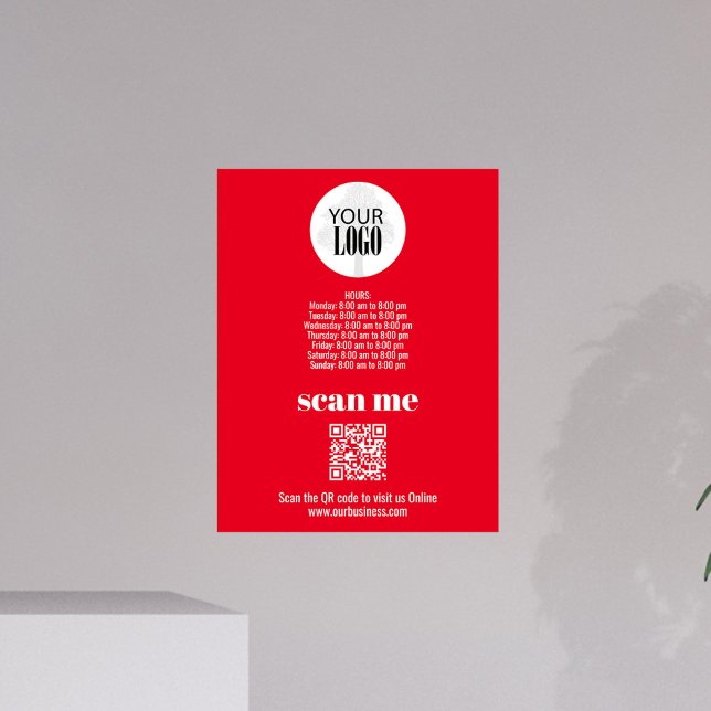 Foto Logotipo simples para empresas Código QR vermelho (Simple red business sign with hours template, logo, and QR Code. )