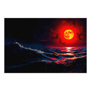 Foto Lua Vermelha sobre a paisagem da fantasia do mar