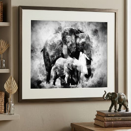 Foto Majestosa Elefanta Africana com Cria P&B