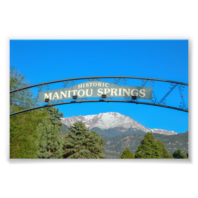Foto Manitou Primavera Sign Framing Pikes Peak, Colorad (Frente)