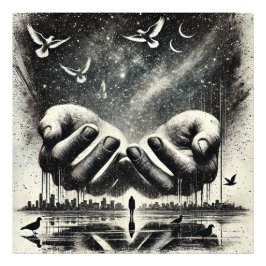 Foto Mãos Libertando Pássaros no Céu, Branco Negro