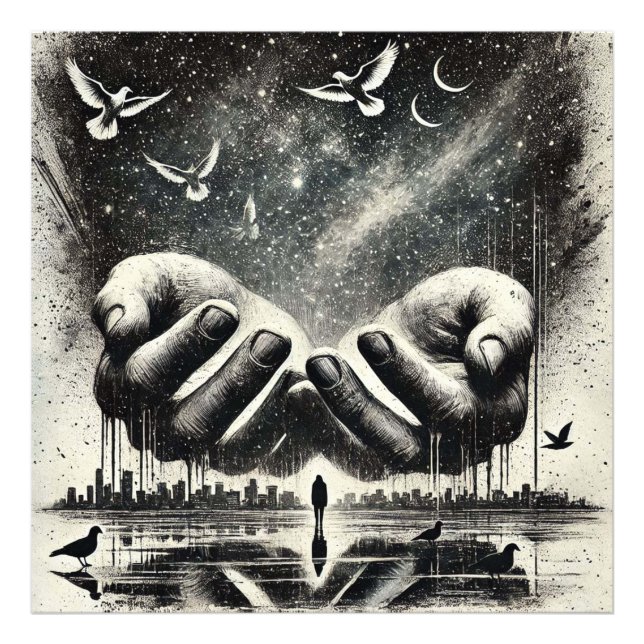 Foto Mãos Libertando Pássaros no Céu, Branco Negro (Frente)