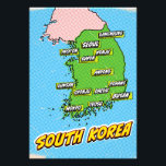 Foto Mapa da Coreia do Sul Ilustrado por pop Art<br><div class="desc">Um mapa do estilo pop da Coreia do Sul com um fundo azul brilhante e um padrão pontilhado.</div>