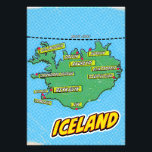 Foto Mapa de Nova Iorque ilustrado com pop Art<br><div class="desc">Um mapa do estilo pop da Islândia com um fundo azul brilhante e um padrão pontilhado. O mapa propriamente dito é verde com contornos pretos e apresenta várias cidades e cidades marcadas com pontos vermelhos e bolhas de fala amarelas. Os nomes das cidades são escritos em letras brancas dentro a...</div>