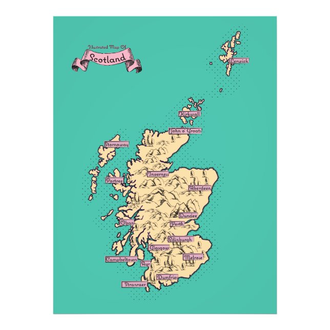 Foto Mapa ilustrado de Viagem da Escócia (Versão Teal) (Frente)