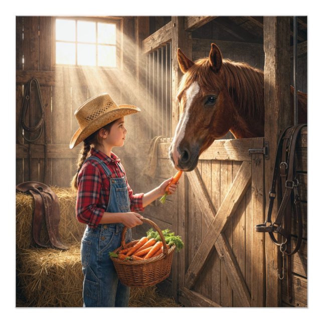Foto Menina alimentando um cavalo com cenouras (Frente)