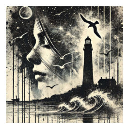 Foto Menina de dupla exposição com farol e gaivota