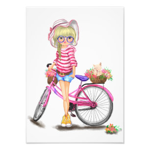 Foto Menina Loura-Gira com Bicicleta Rosa e Gato nas Fl