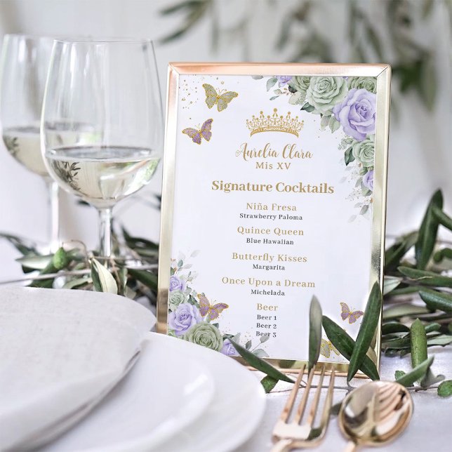 Foto Menu de Bebida do Bar de Quinceanera Floral Roxo d (Criador carregado)