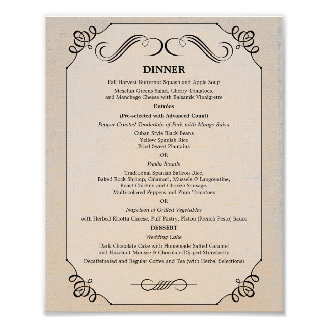 Foto Menu de Janta de Linen de 10 Vintage para Framing (Frente)