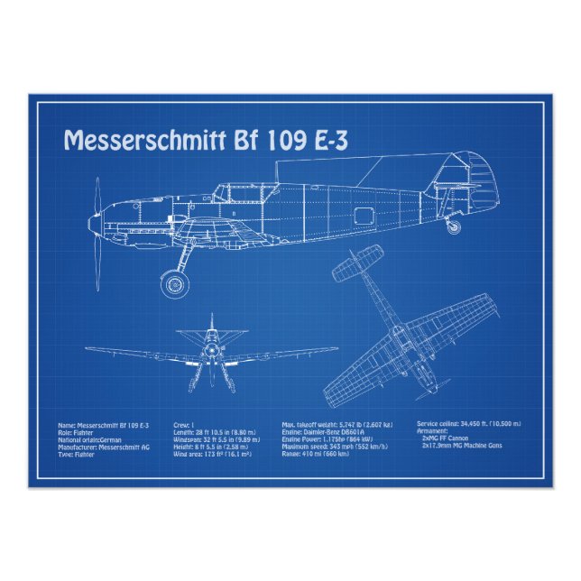 Foto Messerschmitt Bf 109 - Airplane Blueprint AD (Frente)