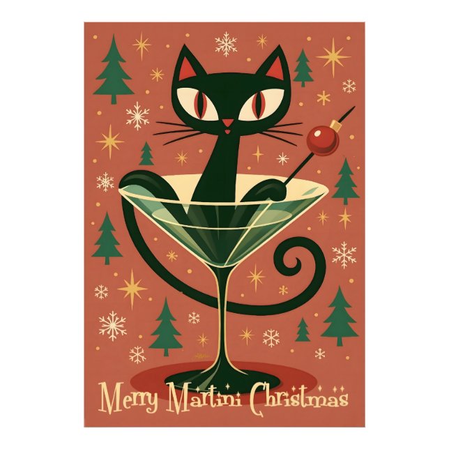 Foto Mid Century Black Cat Merry Martini Christmas (Frente)