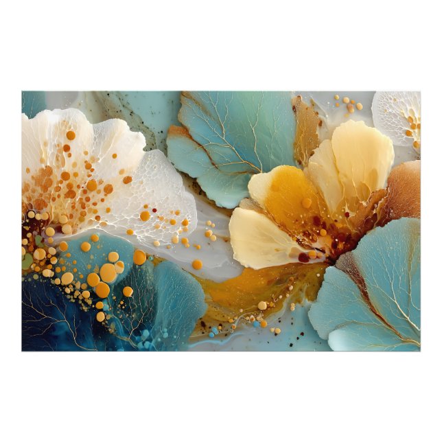 Foto Modern Fluid Abstract Teal Gold Bubbles & Veins (Frente)