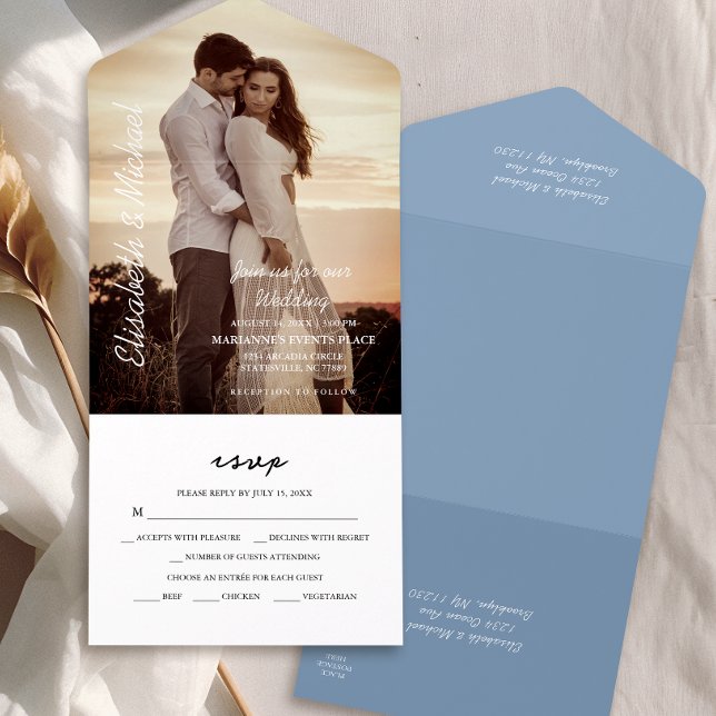 Foto Moderna Casamento Azul Elegante Dusty (Simplify your wedding with our all-in-one invitation – convenience and beauty in a single card.)
