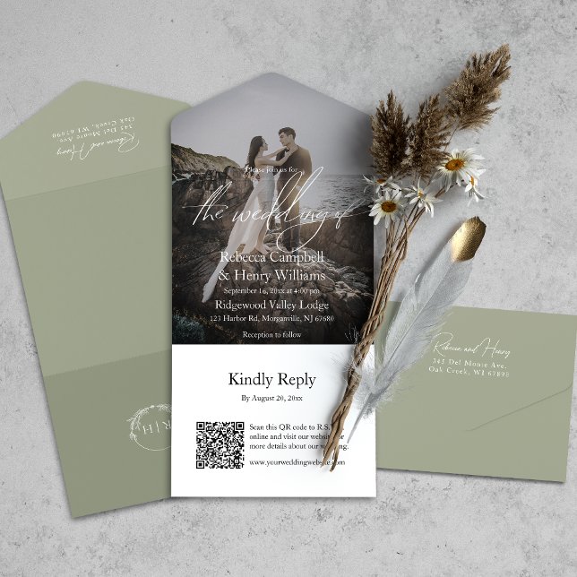 Foto Moderna Código QR RSVP Sage Casamento Verde (All-in-one wedding invitation with QR code to RSVP - Simplify and save time for you and your guests.)