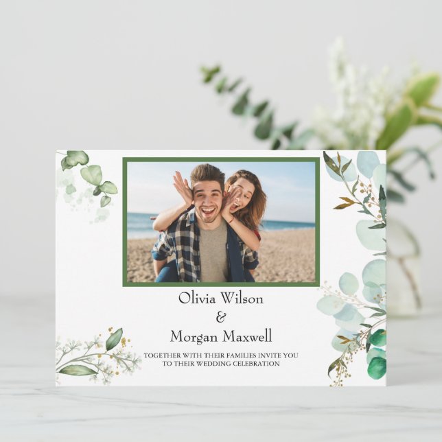 Foto Moderna Greenery Salvar o Convite de Data (Em pé/Frente)