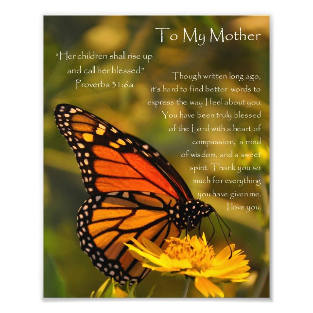 Foto Monarch Butterfly "Proverbs 31:6" Mãe Obrigado (Frente)