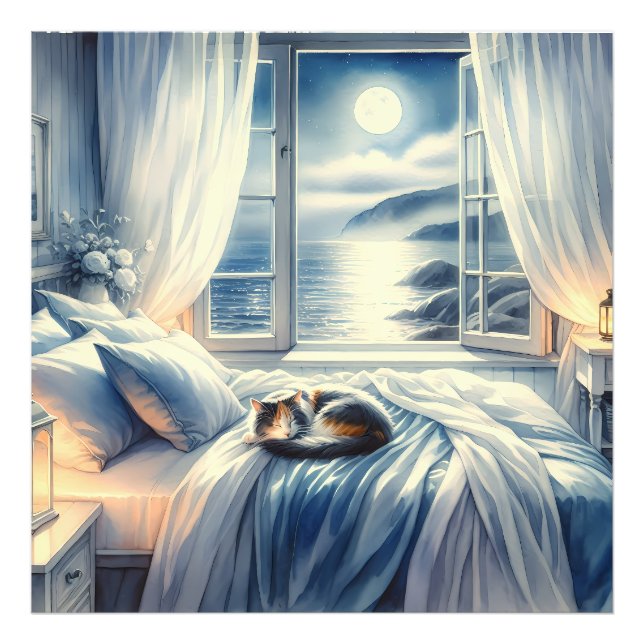 Foto Moonlit Coastal Bedroom with Sleeping Cat (Frente)