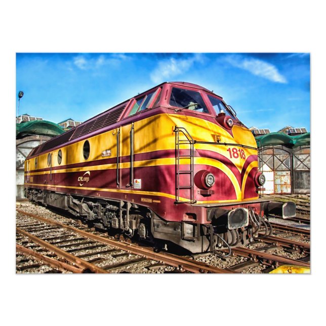 Foto Motor a vapor vermelho e amarelo, locomotiva, arte (Frente)