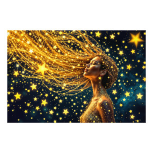 Foto Mulher cósmica com cabelo de ouro estrelado brilha