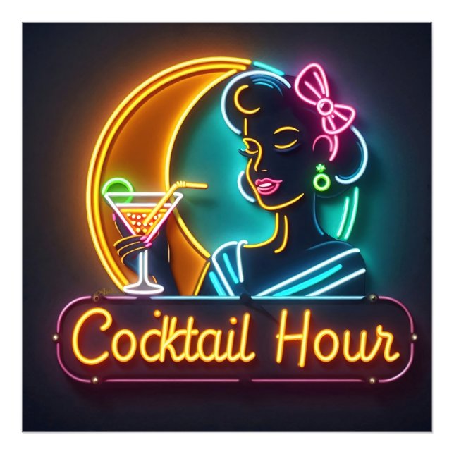Foto Mulher da Hora do Coquetel com Letreiro de Neon de (Frente)